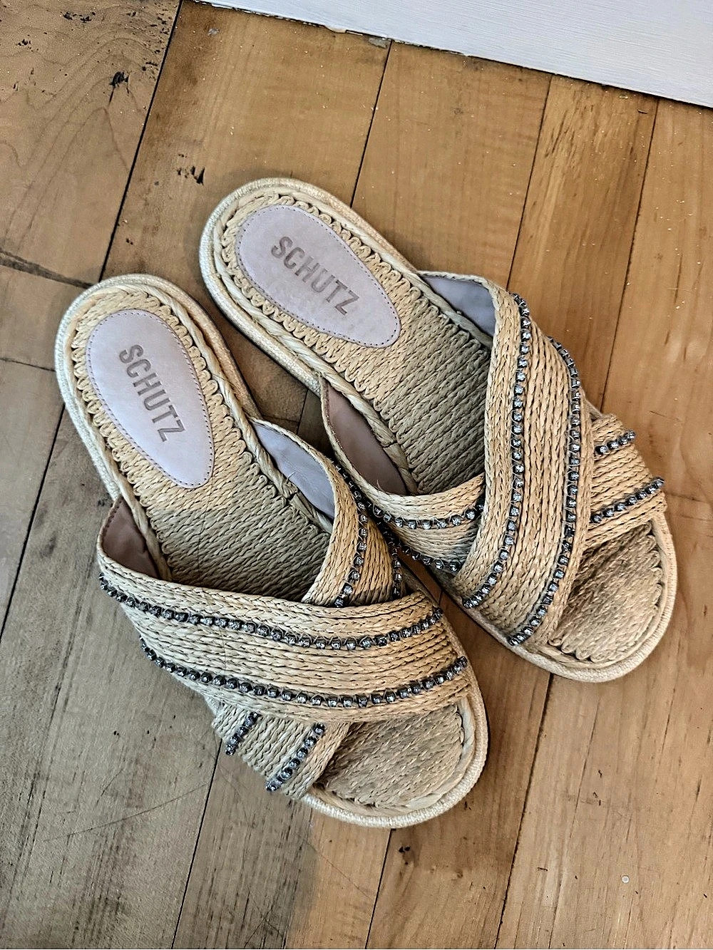 Schutz Raffia Rhinestone Slide Sandals Size 7 - Picture 2 of 5